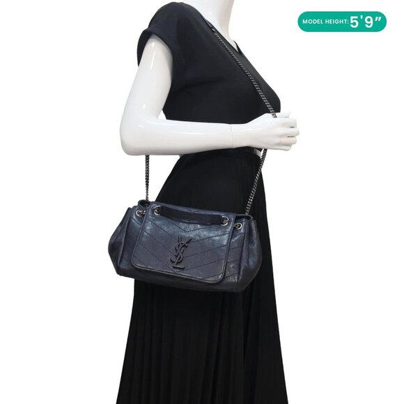 YVES SAINT LAURENT  Vintage Monogram Nolita Chevron Leather Shoulder Bag Navy Bl - Picture 2 of 15